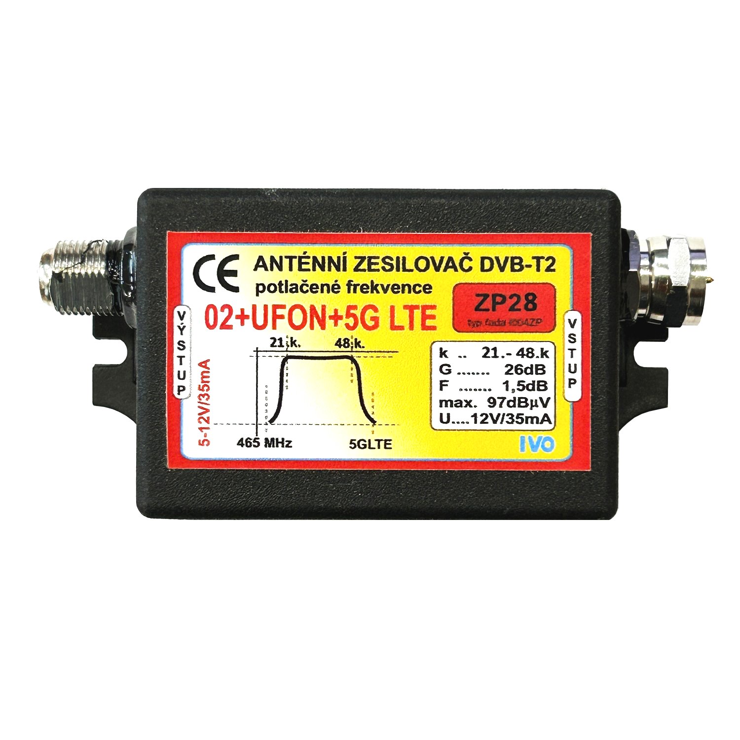 Ivo ZP28-VY DVB-T2 zesilovač 26dB (5-12V) / O2+UFON+5G 21-48.k Ivo ZP28-VY DVB-T2 zesilovač 26dB (5-12V) / O2+UFON+5G 21-48.k