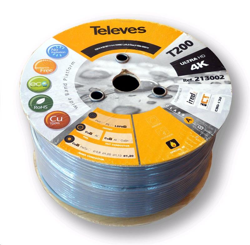 Kabel koaxiální Televes 213002 Cu / 250m / 6,9 mm / šedý / LSHF bezhalogenový / ClassA Kabel koaxiální Televes 213002 Cu / 250m / 6,9 mm / šedý / LSHF bezhalogenový / ClassA