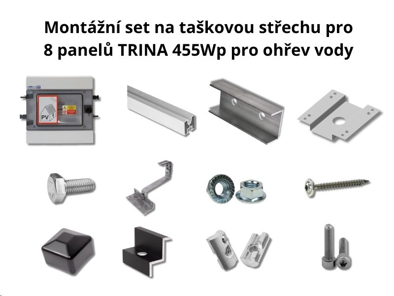 Montážní set na taškovou střechu pro 8 panelů TRINA 455Wp pro ohřev vody Montážní set na taškovou střechu pro 8 panelů TRINA 455Wp pro ohřev vody
