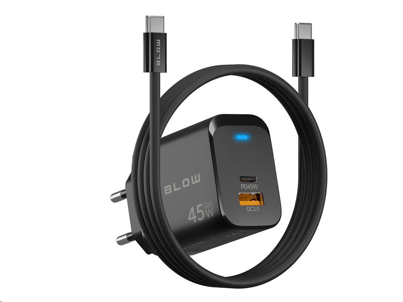 Nabíječka USB BLOW 76-033 GaN 45W USB-A + USB-C + 1m kabel USB-C Nabíječka USB BLOW 76-033 GaN 45W USB-A + USB-C + 1m kabel USB-C