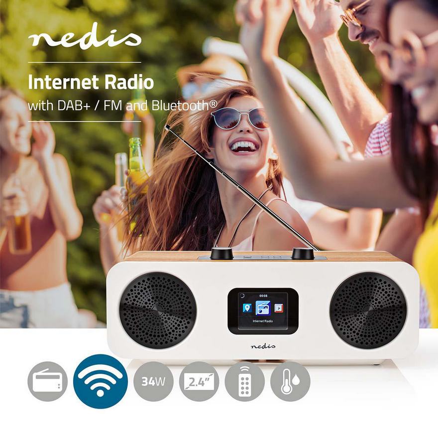 Rádio NEDIS RDIN2500WT Internetové Rádio | DAB+ / FM / Bluetooth® | Dálková Ovládání | Bílá / Dřevo