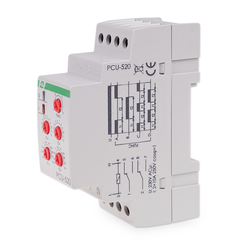 Relé časové F&F PCU-520/230 2× NO/NC, 230V, 2x8A, na DIN lištu Relé časové F&F PCU-520/230 2× NO/NC, 230V, 2x8A, na DIN lištu